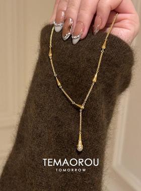 秋冬可抽拉项链金水滴吊坠钛钢