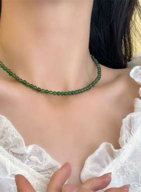 显白绿色玉髓翡翠色系串珠项链 元宝扣新中式复古锁骨链女 颈链