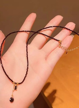 复古黑色水晶项链女高级感