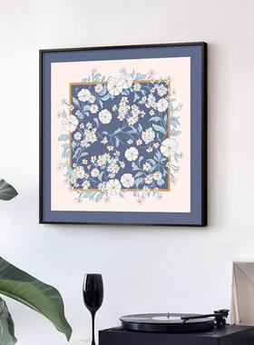 花开富贵花卉轻奢抽象蓝绿色餐厅背景墙正方形小众壁画高级感北欧