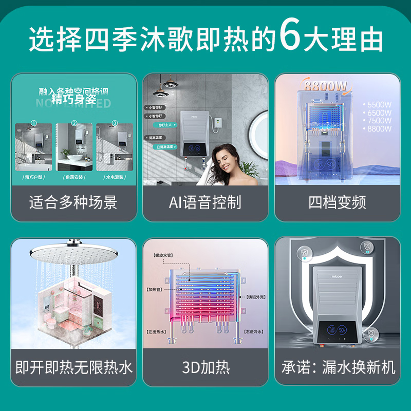 四季沐歌即热式电热水器智能声控速热恒温免储水小型家庭用洗澡器