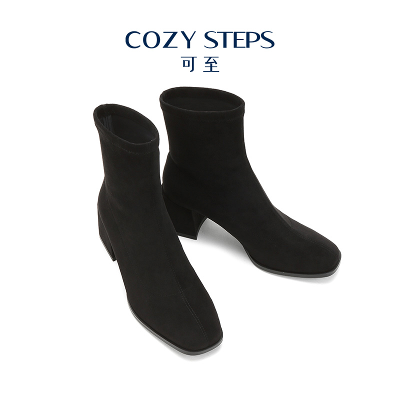 COZY STEPS可至弹力丝光绒中筒靴女春秋款中粗跟全牛皮真皮短靴女