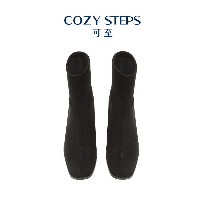 COZY STEPS可至弹力丝光绒中筒靴女春秋款中粗跟全牛皮真皮短靴女