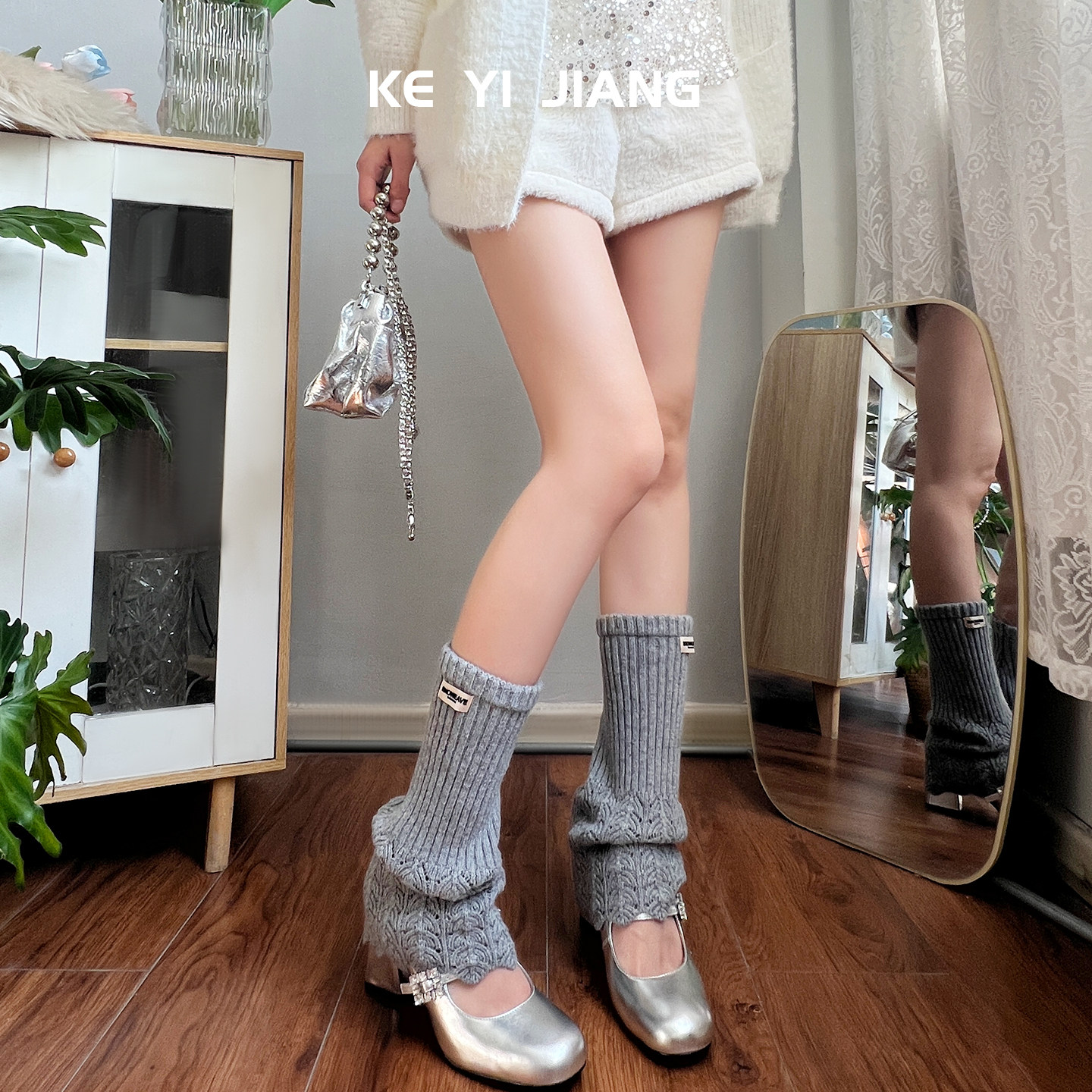 灰色针织镂空堆堆袜女秋冬保暖荷叶边针织百搭长筒袜套靴袜叠穿,淘宝优惠券,粉丝福利购,淘宝优惠卷