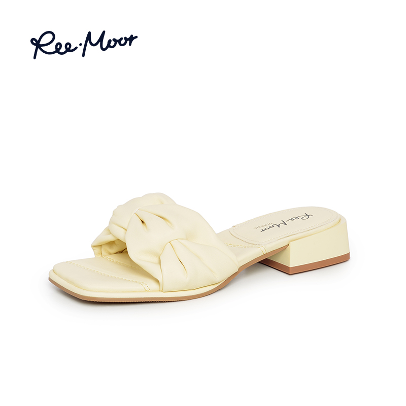 reemoor2024夏季新款仙女风方头凉鞋休闲外穿一脚蹬增高中跟女鞋-图0