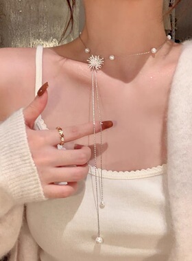 闪钻雪花珍珠抽拉式项链女轻奢锁骨链长款颈链圣诞配饰甜美礼物