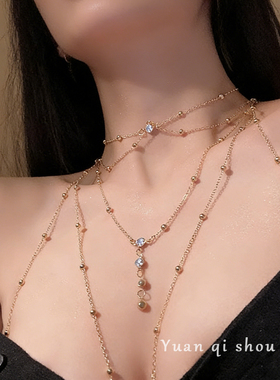 高颜值胸链身体链欧美性感比基尼立体后背合金项链气质多层轻奢