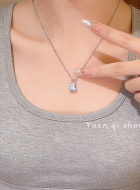 韩版甜美气质蓝色小蝴蝶吊坠女轻奢小众高级感简约锁骨链项链礼物