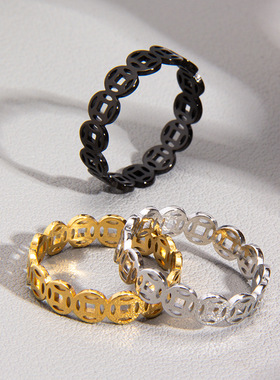 2023复古镂空铜钱招财钱多聚财转运钛钢指环男女尾戒饰品代发货源