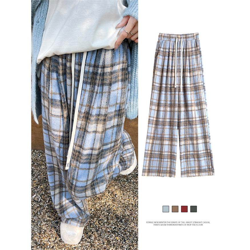 蓝色毛呢格子裤女秋冬季2025新款宽松慵懒休闲直筒显瘦加绒阔腿裤,淘宝优惠券,粉丝福利购,淘宝优惠卷