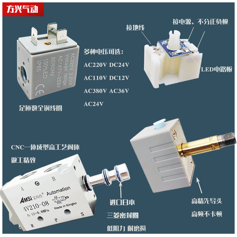 气动电磁阀4V210-08二位五通气阀220V气缸换向阀电磁控制阀24V12V - 图2