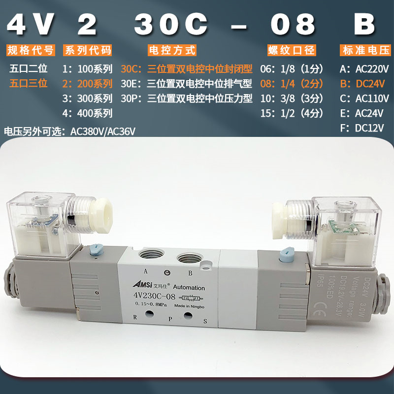 气动电磁阀4V230C-08三位五通气缸换向阀电磁控制气阀4V230E/P-08 - 图0