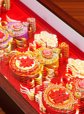 新年国风马年财神立体画相框摆件
