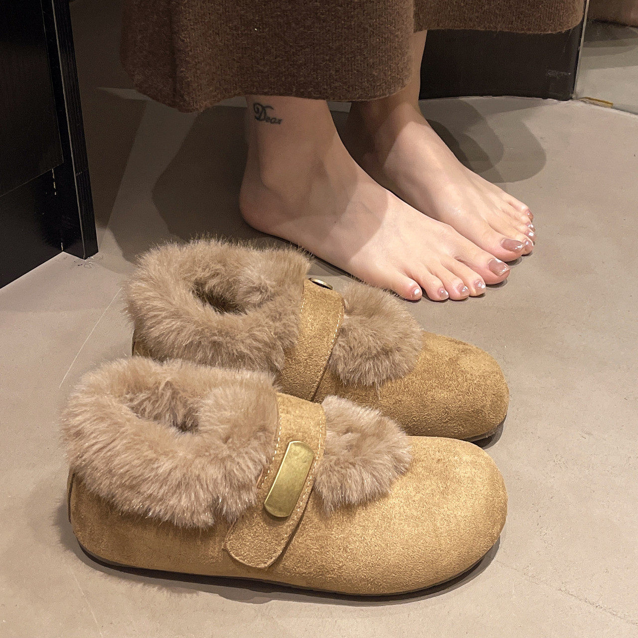 全包毛绒勃肯鞋女2025年新款冬季加绒保暖玛丽珍金属扣懒人鞋棉鞋,淘宝优惠券,粉丝福利购,淘宝优惠卷
