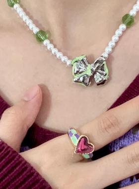 孙千同款紫眼爱心戒指原创设计复古高级感撞色宝石个性食指戒