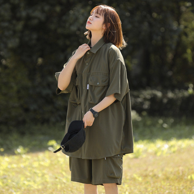 夏季新款美式痞帅宽松工装休闲套装男女发型师潮牌衬衫短裤两件套,淘宝优惠券,粉丝福利购,淘宝优惠卷