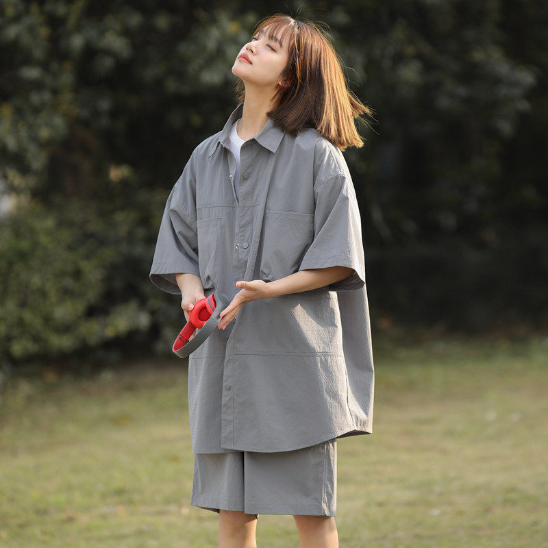 夏季新款美式痞帅宽松工装休闲套装男女发型师潮牌衬衫短裤两件套,淘宝优惠券,粉丝福利购,淘宝优惠卷