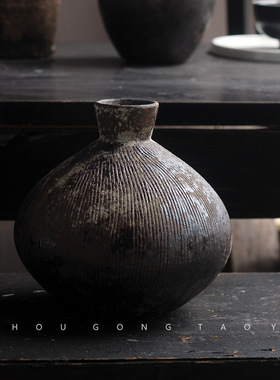 粗陶花插复古家居装饰品摆件简约陶瓷小花瓶中式创意花器禅意花插