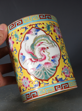 大清雍正珐琅彩开窗凤纹笔筒古董古玩收藏品包老保真老货瓷器摆件