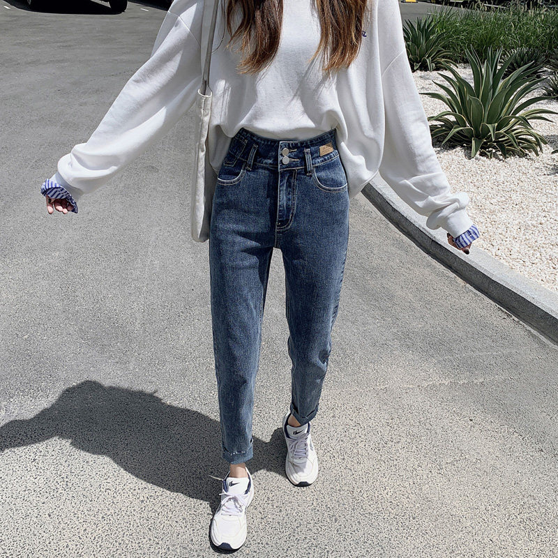 2020秋装新款高腰女显瘦老爹牛仔裤 随风莱牛仔裤