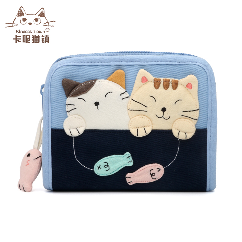 特价KINECAT 可爱戏鱼猫棉布手工拼布卡通女士短款钱包 日本财布 - 图2