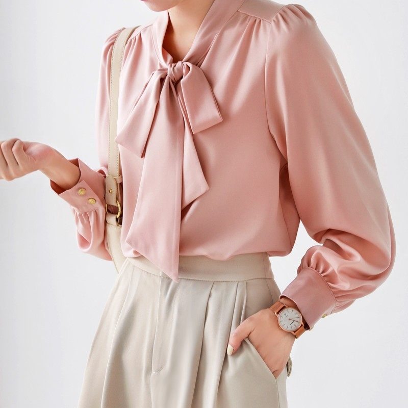 my杏色缎面长袖秋季蝴蝶结v领衬衫 缪语女装衬衫