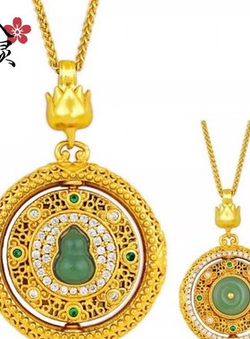 2026新中式沙金点钻花丝平安扣葫芦罗盘吊坠项链女可旋转镂空国风