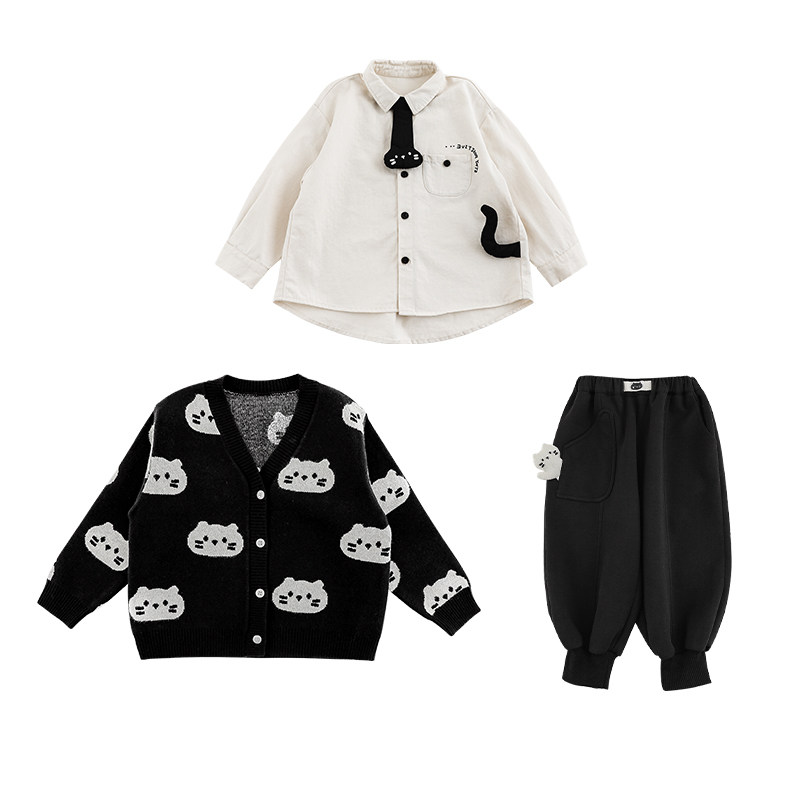 幼悠男童2025新款长袖衬衫保暖毛衣防风束脚长裤猫咪系列套装童装