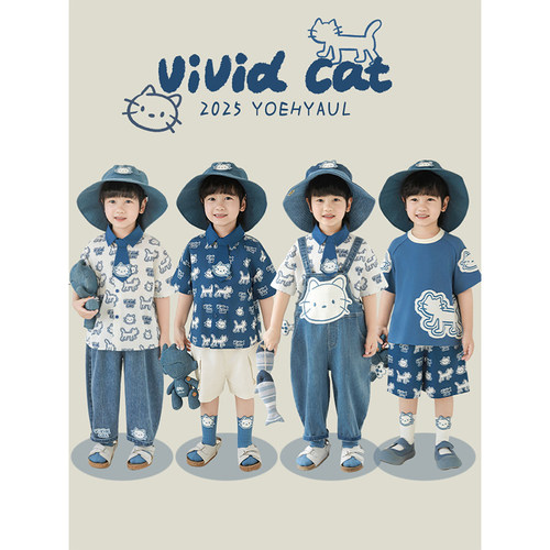 幼悠 男童夏季新款翻领衬衫短袖圆领T恤慵懒凉感短裤蓝白猫咪套装 - 图0