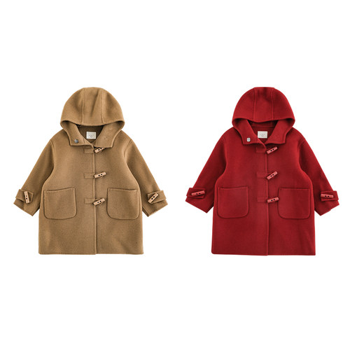 幼悠男童2025新款羊毛连帽长款牛角扣双面呢大衣冬季保暖防风外套 - 图3