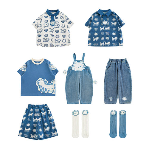 幼悠 男童夏季新款翻领衬衫短袖圆领T恤慵懒凉感短裤蓝白猫咪套装 - 图3