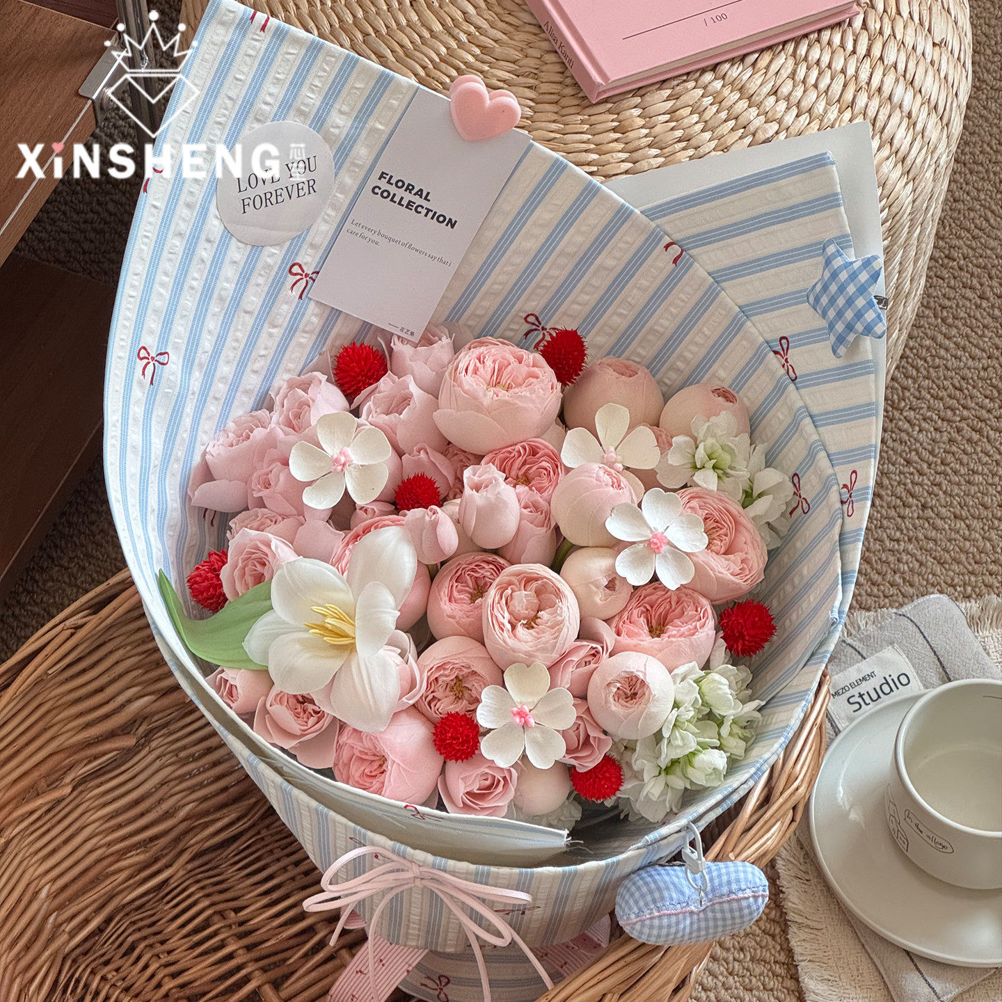 【2.14情人节】芯苼 韩风条纹蝴蝶结布料鲜花束diy精致条纹包花布,淘宝优惠券,粉丝福利购,淘宝优惠卷