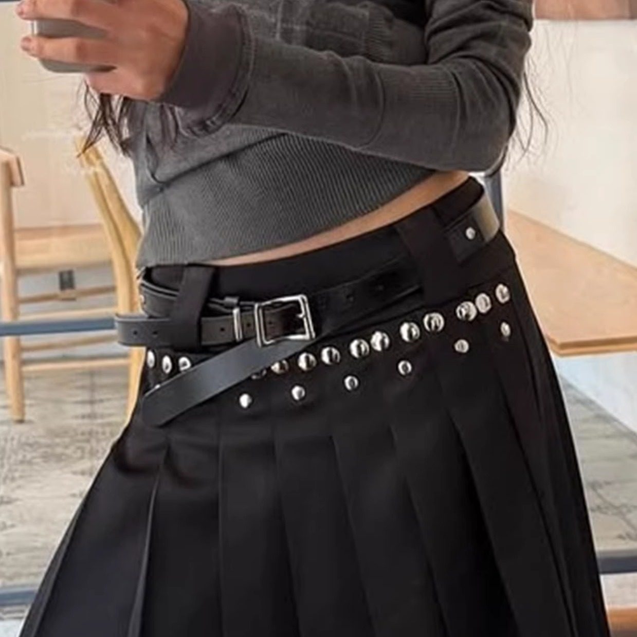 ins韩国设计师假两件方形金属扣牛皮腰带复古简约中性百搭皮带