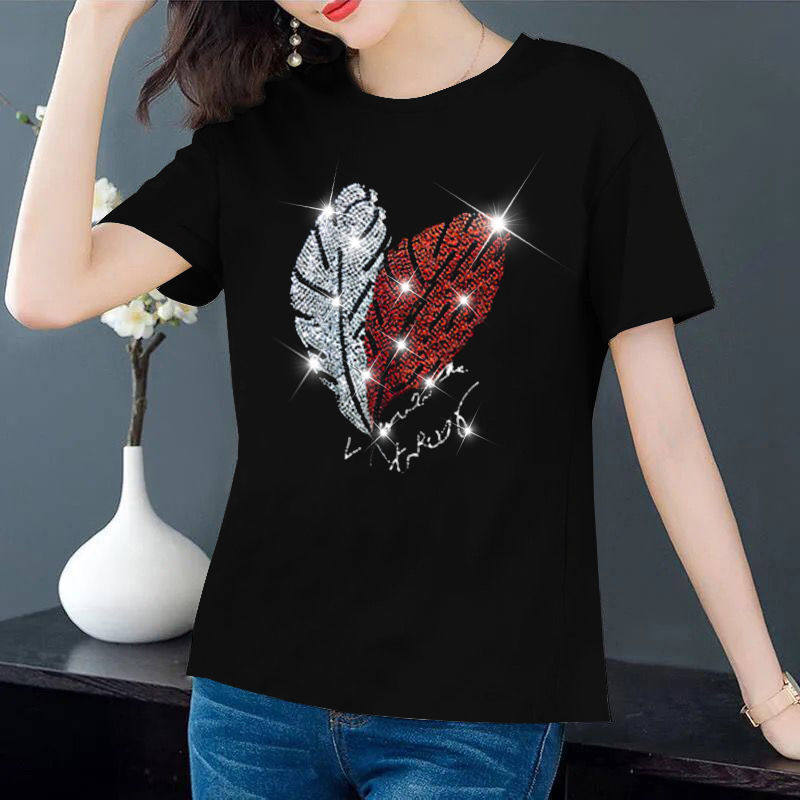 韩国夏季欧货黑色烫钻短袖打底衫 haadidT恤