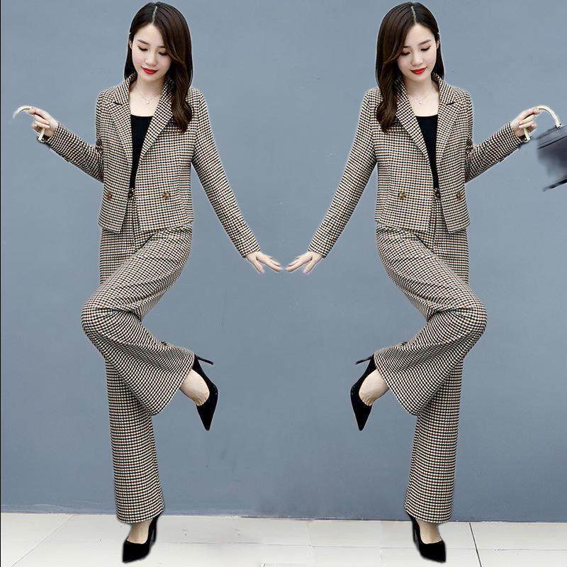2024春秋新款女装套裤时尚气质千鸟格休闲阔腿裤西装套装女两件套,淘宝优惠券,粉丝福利购,淘宝优惠卷