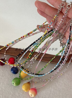 超可爱水果吊坠项链米珠春夏新款仿真小水果夏日多巴胺苹果串珠