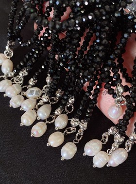 芭蕾风新款仿水晶串珠蝴蝶结项链天然珍珠小吊坠黑色透明粉色颈链