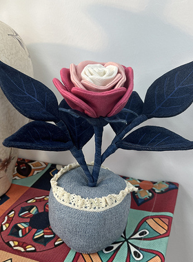创意手工牛仔玫瑰布艺盆花摆件