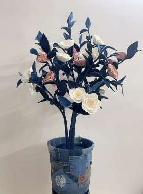 创意牛仔山茶花盆花摆件艺术插花落地花树店铺展厅居家造景陈列品