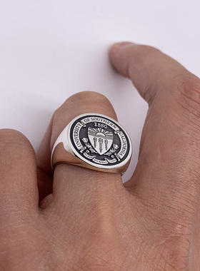 美国毕业圆形925银复古戒指