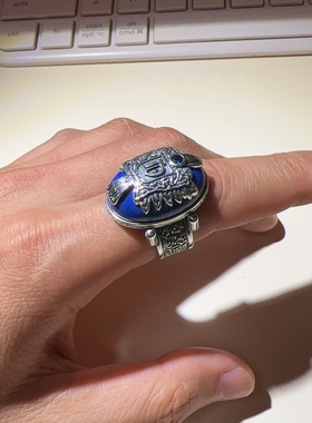 吸血鬼日记戒指复刻 925银镶嵌 饱满天然青金石 男士电视剧还原版