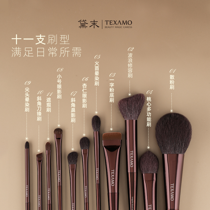 Texamo/黛末烁影11支化妆刷套装巨柔软眼影散粉腮红粉底刷全套-图1