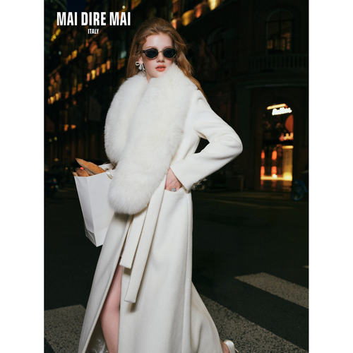 MAI DIRE MAI 柔雾蓝羊毛呢大衣珍珠白狐狸毛披肩 - 图0