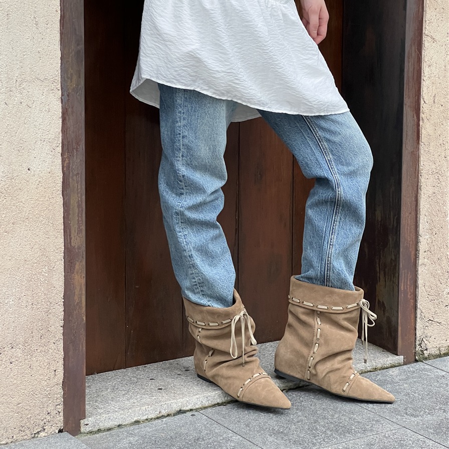 unfolio25早秋新款堆叠感踝靴可折叠两穿尖头短靴百搭堆堆靴子 - 图2