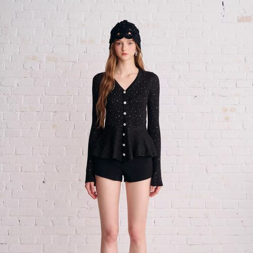 Aimme sparrow25FW 黑色亮钻V领开衫黑色logo标腰带短裤 - 图1