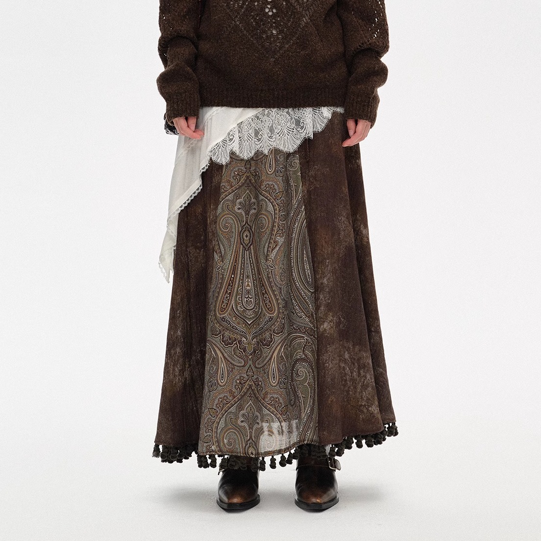 王楚然同款 Vena Label 25FW新款 游牧风拼接流苏半身裙 镂空毛衣 - 图0