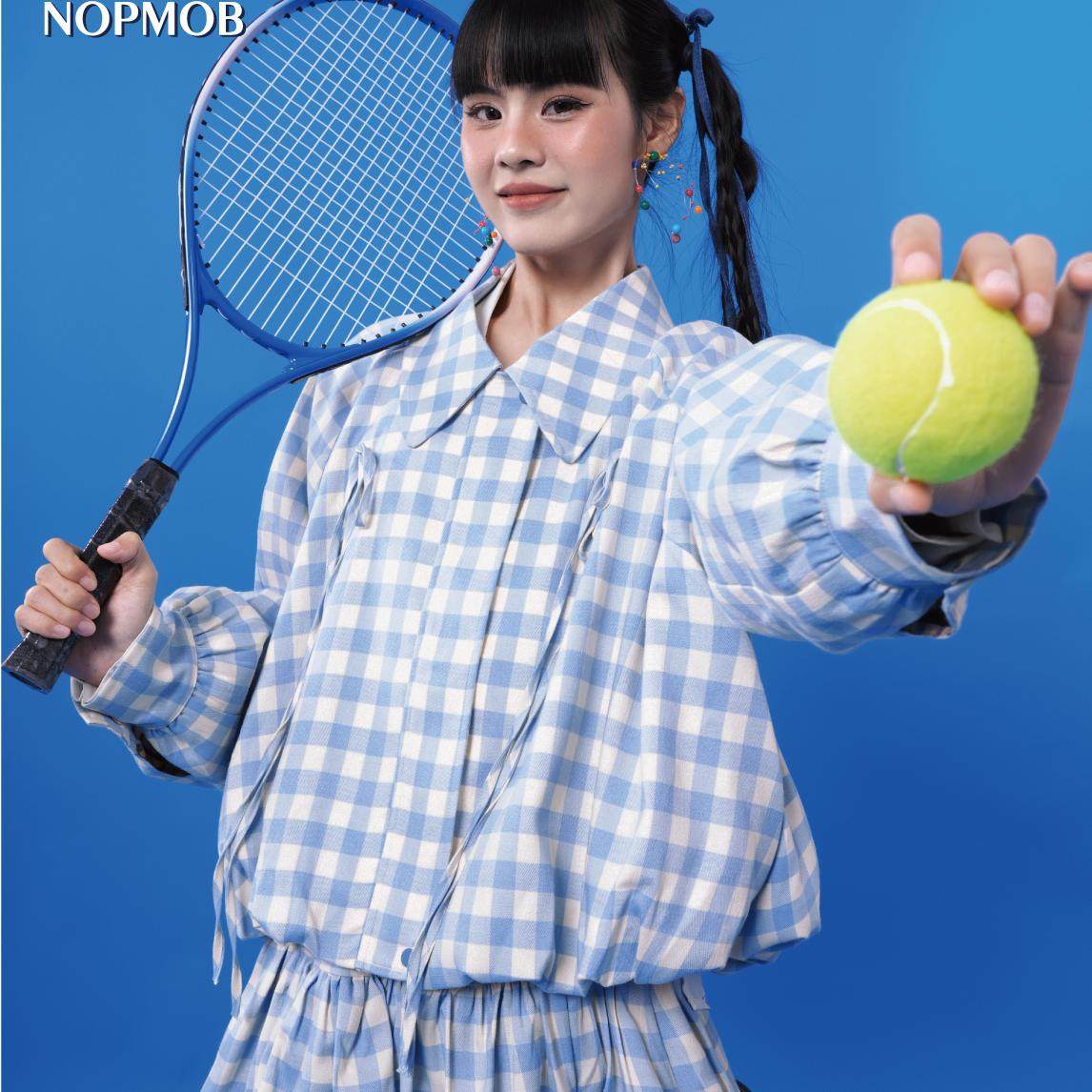 NOPMOB 干净蓝白格子 文艺复古网球棒球服运动服宽松套装外套新款