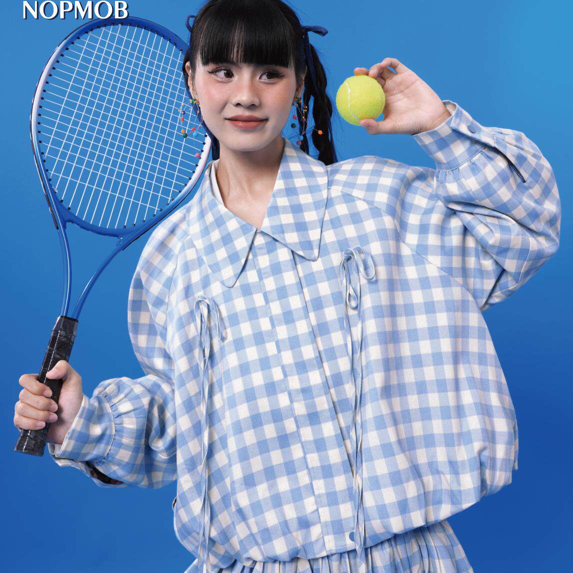 NOPMOB 干净蓝白格子 文艺复古网球棒球服运动服宽松套装外套新款