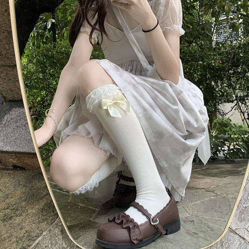 日系蕾丝蝴蝶结半截中筒女袜Lolita花边少女可爱百搭软妹jk小腿袜 - 图1