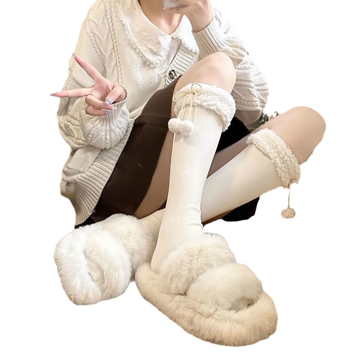 奶白色小腿袜子女秋冬款加厚保暖蝴蝶结毛球中筒及膝堆堆袜日系jk,淘宝优惠券,粉丝福利购,淘宝优惠卷